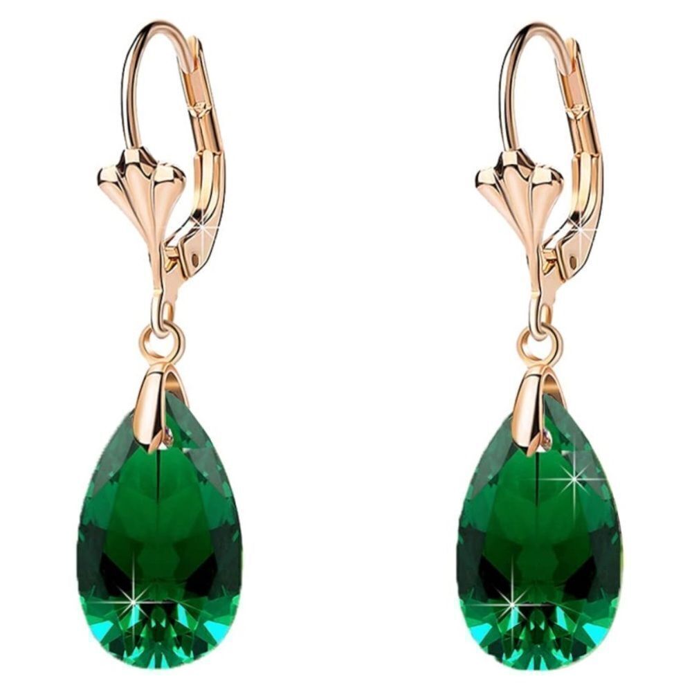 14K Yellow Gold with Emerald Green Austrian Crystal Teardrop Leverback Earrings